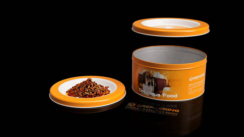 Dia 250 x 126mm H pet food packaging, feeder using lid design